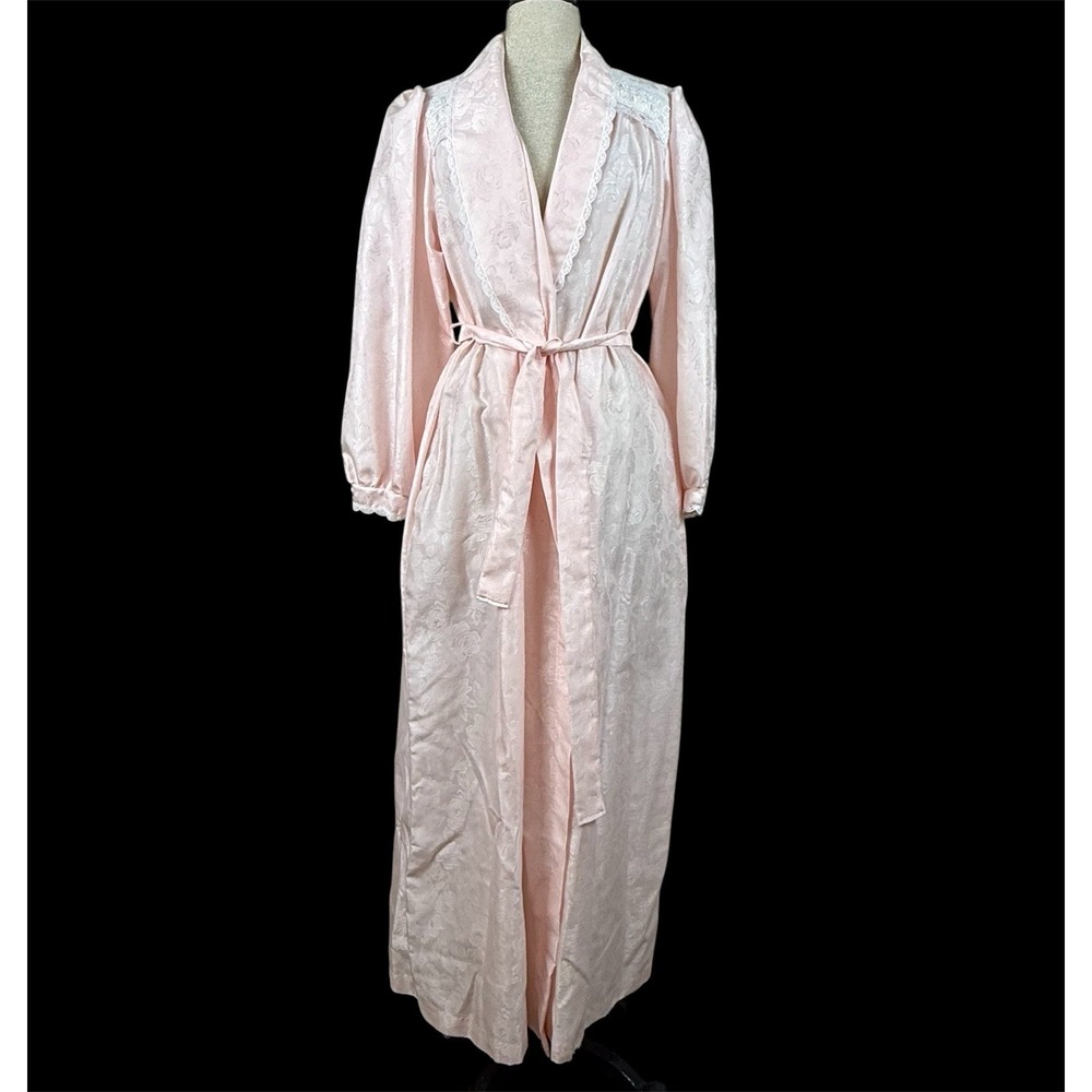 Vtg Gilligan O'Malley Robe Womens L Pink Cottage Prairie Granny Lace Belted READ